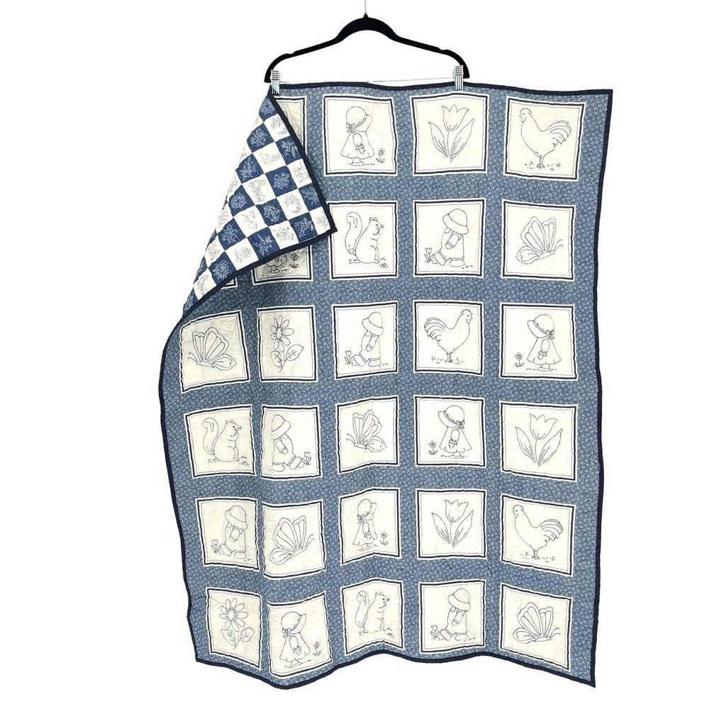 Handmade Blue Cream Sunbonnet Sue Wall Quilt Reversible Farmhouse 41x49